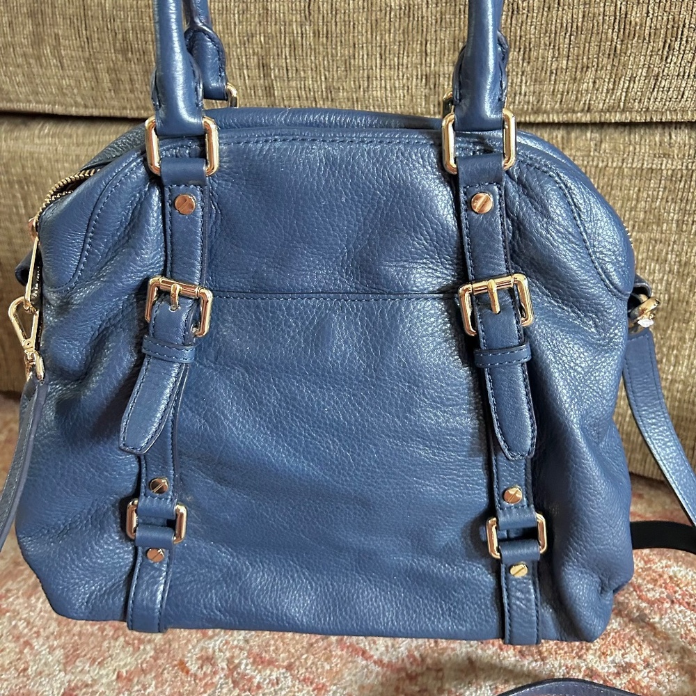 Michael Kors Bedford Large Bowling Satchel Navy Blue Supple Leather Gold Tone - Picture 4 of 11